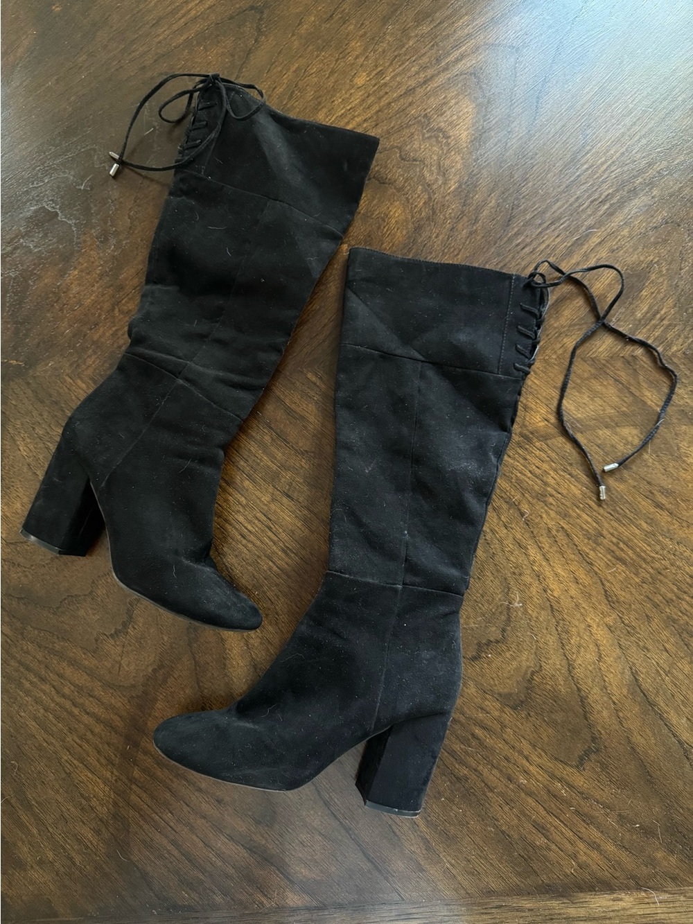 Women's Black Suede Knee-High Block Heel Boots